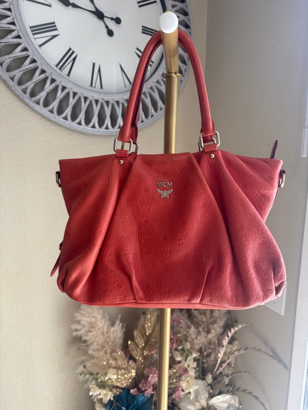 MCM orange Leather Shoulder Tote with Top Handles